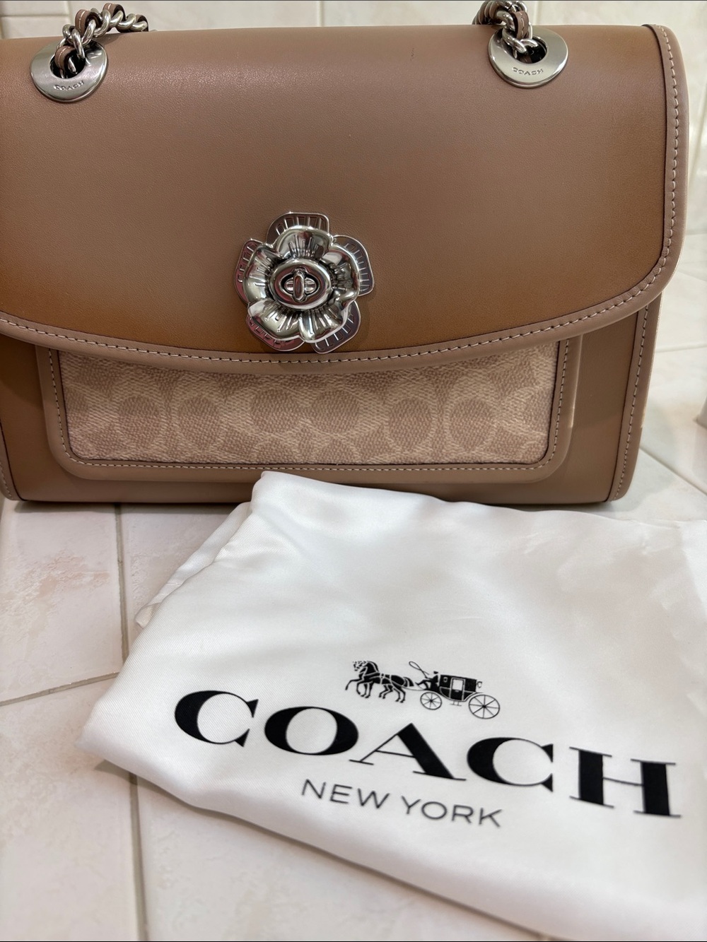Coach Parker Shoulder Bag in Signature Logo, Calf Leather, and Silver Chain - Picture 12 of 13
